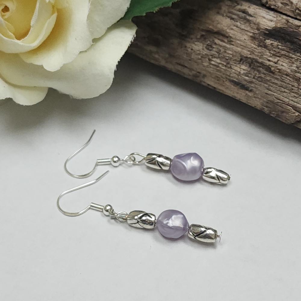 Hand Crafted Earrings With Faux Lavender Purple Pearls & Silver Toned Accents